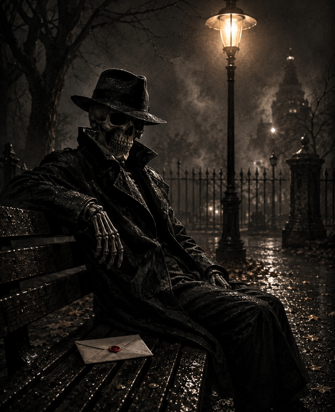 The Dead Drop newsletter artwork with a skeleton detective holding a sealed envelope
